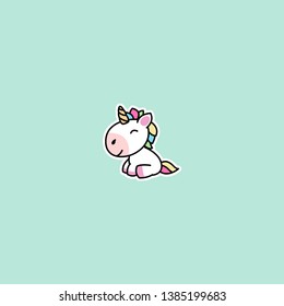 Cute unicorn sitting and smiling cartoon icon, vector illustration