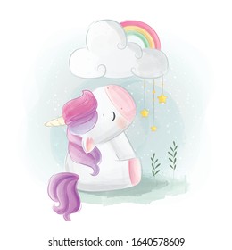 Cute Unicorn Sitting Under A Rainbow Cloud