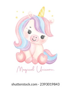 Cute unicornio sentado acuarela soñadora vivero Ilustración de arte. Magico Unicornio.