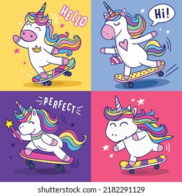 Cute unicorn skateboarding illustration.Vector illustration design for fashion fabrics, textile graphics, baby shower, t-shirt prints.Comic animal print.