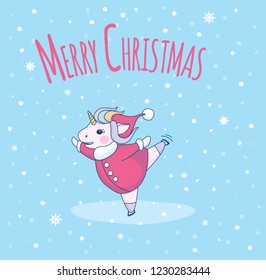 Cute unicorn skates with a Santa Claus  coat and hat on blue background with snowflakes. Merry  Christmas red inscription witn little unicorn. 