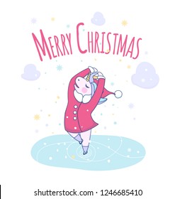 Cute unicorn skates with a Santa Claus  coat and hat on white background with snowflakes. Merry  Christmas pink inscription witn little unicorn. 