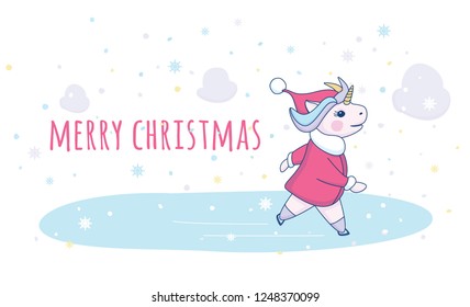 Cute unicorn skates with a Santa Claus  coat and hat on white background with snowflakes. Merry  Christmas pink inscription witn little unicorn. 