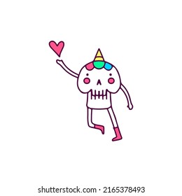 Cute unicorn skull catching love, illustration for t-shirt, sticker, or apparel merchandise. With doodle cartoon style.