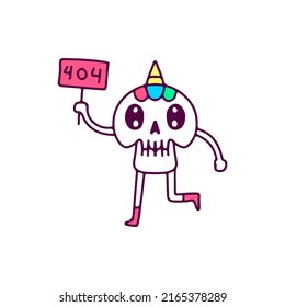 Cute unicorn skull holding 404 sign, illustration for t-shirt, sticker, or apparel merchandise. With doodle, retro, and cartoon style.
