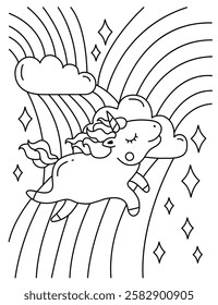 Cute unicorn in the sky. Rainbow, clouds and stars. Black and white coloring.