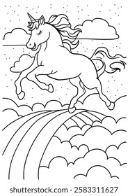 Cute unicorn in the sky. Rainbow, clouds. Black and white coloring.