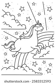 Cute unicorn in the sky. Rainbow, clouds and stars. Black and white coloring.