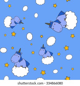 A cute unicorn in the sky, vector childish background.