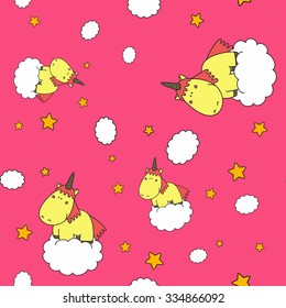 A cute unicorn in the sky, vector childish background.