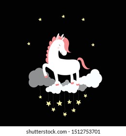 Cute unicorn sleep on cloud in night sky with shining stars. Good night card, print for t-shirt, baby shower design. White pony sleeping with closed eyes. Cartoon vector scandinavian illustration