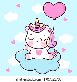 Cute Unicorn sleep vector holding heart balloon pony cartoon pastel background Valentines day: Series fairy tale characters kawaii animals horse (flat Girly doodles). Perfect Nursery children, kids.