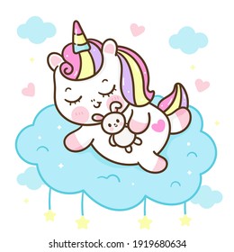 Cute unicornio sueño vector abrazo conejo pony dibujos animados sobre la luna magia del tiempo de sueño para dulce sueño. Animales de Kawaii: Series personajes de cuento de hadas caballo (garabatos planos Girly). Tarjeta perfecta.