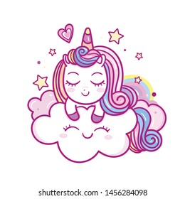 Cute Unicorn sleep vector pony cartoon on cloud with rainbow and star, magic sleeping time for sweet dream pastel color, Kawaii character style, Nursery decoration: Illustration of fairytale horse 