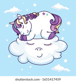 cute unicorn sleeping in cloud kawaii style vector illustration design