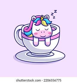 Cute Unicorn Sleeping In Coffee Cup Cartoon Vector Icon Illustration. Animal Drink Icon Concept Isolated Premium Vector. Flat Cartoon Style