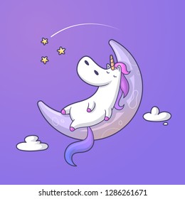 Cute unicorn sleeping and dreaming on the moon vector illustration