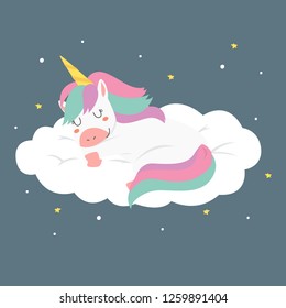 cute unicorn sleeping on the  cloud cartoon vector