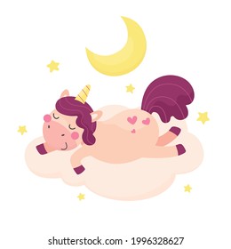 Un lindo unicornio está durmiendo en una nube. Impresión para ropa y artículos para niños, animales lindos, ilustración para niños. Vector.