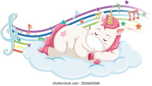 Cute unicorn sleeping on the cloud with melody symbols on rainbow illustration