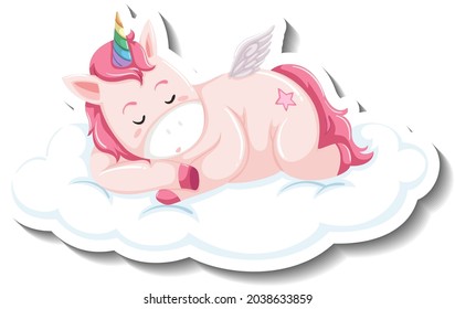 Cute unicorn sleeping on the cloud on white background illustration