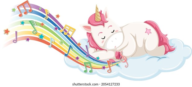 Cute unicorn sleeping on the cloud with melody symbols on rainbow illustration