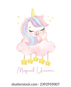 Cute unicorn sleeping on cloud watercolor dreamy nursery Art illustration. Magical Unicorn.