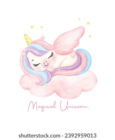 Cute unicorn sleeping on cloud watercolor dreamy nursery Art illustration. Magical Unicorn.