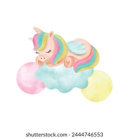 Cute unicorn sleeping on a cloud, watercolor. Hand drawn vector illustration in pastel colors for cards, invitations, websites, album covers. Set of elements for fantasy unicorns.