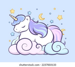 Cute unicorn sleeping on clouds in the night sky illustration wall art card print for kids. 