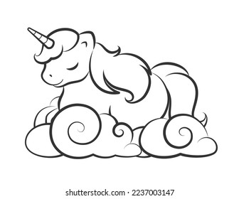 Cute unicorn sleeping on clouds vector outline illustration. Easy coloring book page for kids.