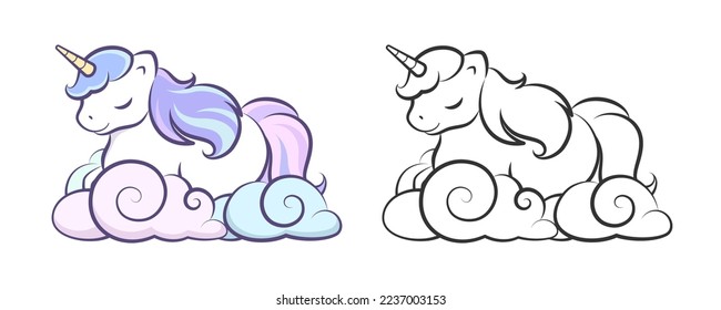 Cute unicorn sleeping on clouds vector outline illustration. Easy coloring book page for kids.