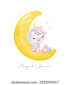 Cute unicorn sleeping on crescent moon watercolor nursery Art illustration. Magical Unicorn.