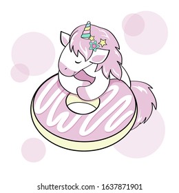 Cute unicorn is sleeping on a donut on a white background. Vector illustration of funny animals isolated. Beautiful card for girls