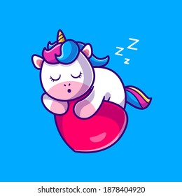 Cute Unicorn Sleeping On Heart Love Cartoon Vector Icon Illustration. Animal Nature Icon Concept Isolated Premium Vector. Flat Cartoon Style