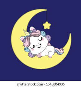 Einhornschlafen auf dem Mond, Babytier, Kawaii-Vektorgrafik.