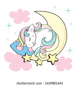 Cute unicorn sleeping on the moon in pink clouds on a white background