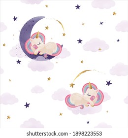 Cute unicornio durmiendo en la luna, diseño sin costura, vector acuarela, arte de moda para niños, gráficos para bebés para papeles pintados e impresiones.