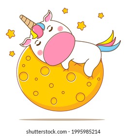 Cute Unicorn sleeping on moon. Cartoon character illustration isolated white background