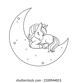 Cute unicorn sleeping on the moon. Vector illustration isolated on white background
