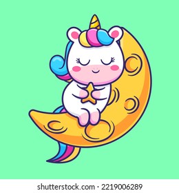 Cute Unicorn Sleeping On Moon With Holding Star Cartoon Vector Icon Illustration. Animal Nature Icon Concept Isolated Premium Vector. Flat Cartoon Style