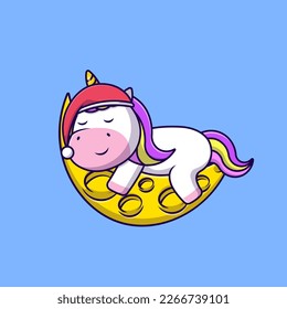 Cute Unicorn Sleeping On Moon Wearing Beanie Hat Cartoon Vector Icons Illustration. Flat Cartoon Concept. Suitable for any creative project.