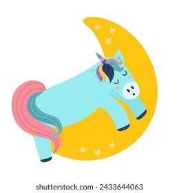 Cute unicorn sleeping on the moon. Fantasy character print. Sweet dreams vector illustration