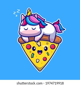 Cute Unicorn Sleeping On Pizza Cartoon Vector Icon Illustration. Animal Food Icon Concept Isolated Premium Vector. Flat Cartoon Style