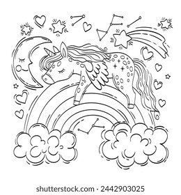 Cute unicorn is sleeping on a rainbow surrounded by clouds and the moon. Vector illustration for children coloring book