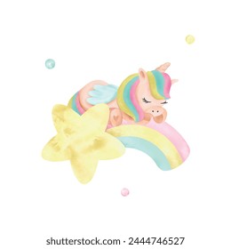 Cute unicorn sleeping on a rainbow, watercolor. Hand drawn vector illustration in pastel colors for cards, invitations, websites, album covers. Set of elements for fantasy unicorns.