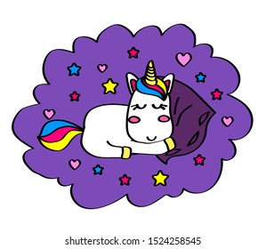 Cute unicorn sleeping on a soft pillow. Vector illustration.