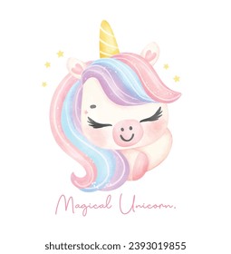 Cute unicornio durmiente acuarela soñadora vivero Ilustración de arte. Magico Unicornio.