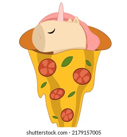 Cute unicorn sleeps covered with vegan pizza