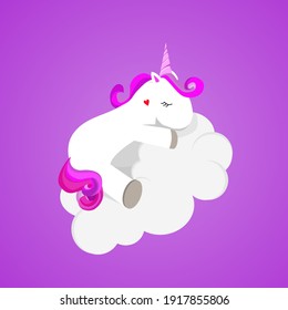A cute unicorn sleeps on a cloud fantasy on a purple background. For children's design, wallpaper, postcards, stickers.